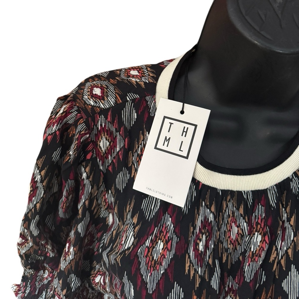 NWT THML Black Multicolor Ikat Print Floral Short Sleeve Blouse 100% Rayon - Picture 2 of 6